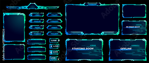 Futuristic streaming overlay interface with live chat and interactive buttons