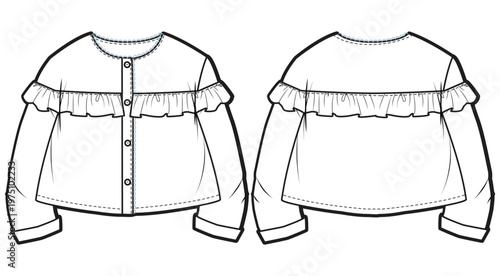 Girls Ruffle Blouse woven top design flat sketch fashion illustration vector template with front and back view,  button front blouse Toddler baby girl long sleeve frill detail blouse top