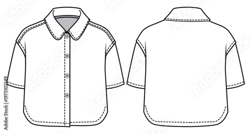 Baby boy Shirt design flat sketch fashion illustration vector template with front and back view,  Toddler kids woven button up Shirt cad drawing mock up