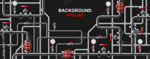 Industrial pipeline system with red valves and pressure gauges on black background