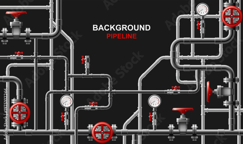 Complex industrial pipeline system with red valves and pressure gauges