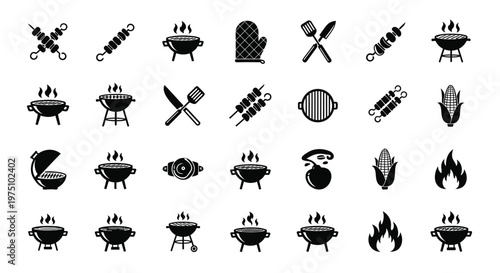Barbecue icons display various grilling tools and food items in a collection of black silhouettes on a plain white digital art background.