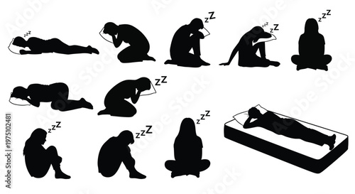 Sleepers appear in various resting positions as dark silhouettes on a clean white background to represent nocturnal rest and human slumber.