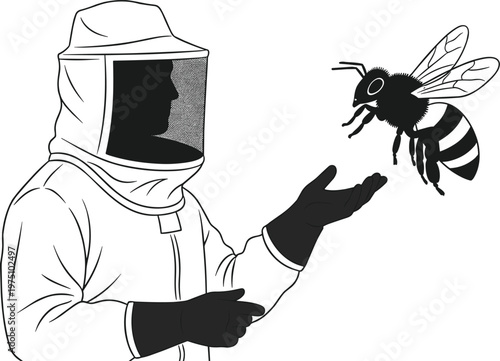 Vintage beekeeper woodcut illustration with honeybee and protective suit vector on white background