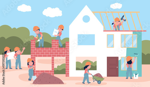 Kids building house site. Children play with construction tools. Educational professional playground to get acquainted with work, recent vector scene