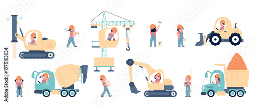 Children on construction vehicle. Kids playing with heavy transport for building site. Child wear builder uniform, play with truck, excavator, recent vector set