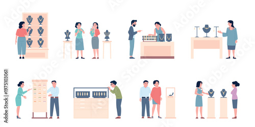 People in jewelry store. Male female flat characters bying and choosing gold silver accessories. Couple choose golden ring, recent vector scenes