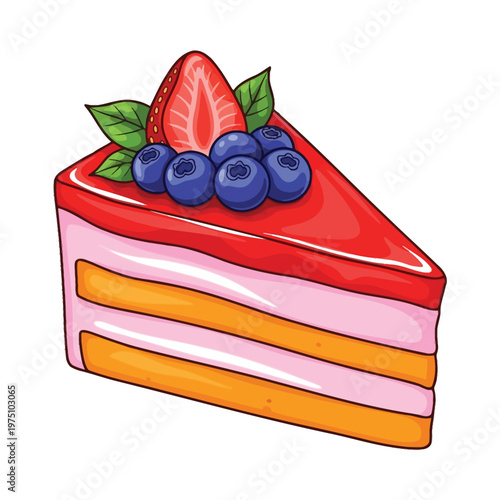 A delicious slice of strawberry and blueberry layered cake with fresh berries