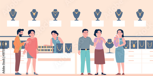 Jewelry store. Customers and sellers, people choosing golden silver accessories. Visit in luxury gold items shop, choose rings or necklace, recent vector concept