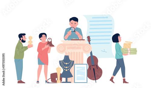 Pawnshop concept. Customers bring jewelry, antique items, scrap and receive money. Second hand shop. People sell and buy different objects recent vector scene