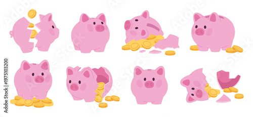 Broken cartoon pig bank. Break piggy bank, open home style savings. Saving money, golden coins piles. Finance, banking, economic literacy racy vector clipart