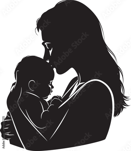 Mother kissing baby forehead silhouette illustration with silhouette