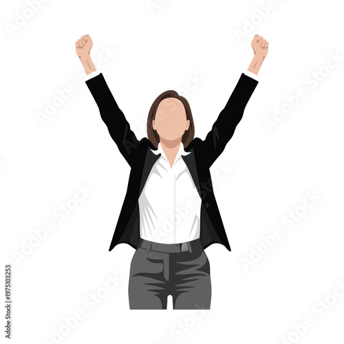 Professional woman celebrating with arms raised in triumphant pose