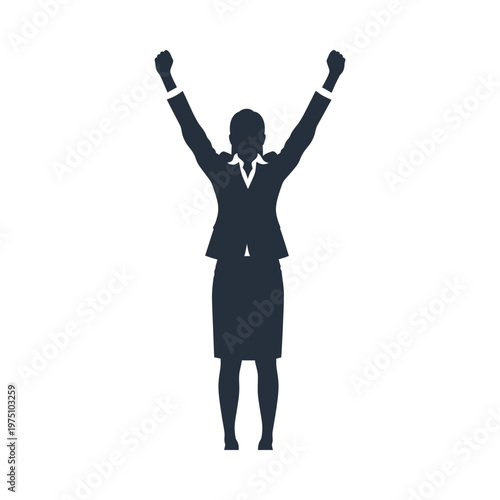 Professional woman raising arms in triumphant victory pose