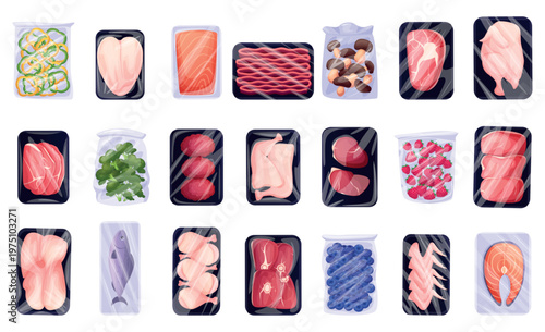 Frozen food. Plastic packaging meat, fish, seafood, vegetables, berries for fridge, for supermarket. Preparing ingredients for cooking, mushroom, sausages, nowaday vector set