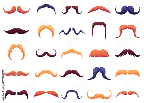 Cartoon mustache. Male mustaches, hipster face hair. Isolated barbershop symbols. Various style men facial hairs design, nowaday vector collection