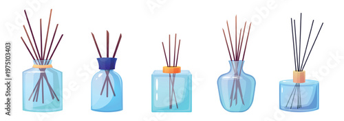 Empty aroma glass bottles. Diffuser bottle with wooden bamboo sticks. Isolated aromatherapy equipment for spa massage saloon, nowaday vector set