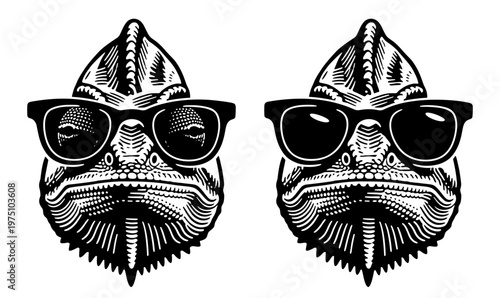 Cool chameleon head wearing sunglasses, vintage monochrome vector illustration set for tropical lizard mascot or reptile lovers design