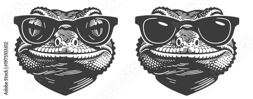 Funny gecko head wearing sunglasses, vintage monochrome vector illustration set for cool lizard mascot or tropical reptile design