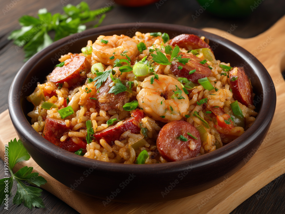 Fototapeta premium Jambalaya bowl with shrimp, sausage, and rice