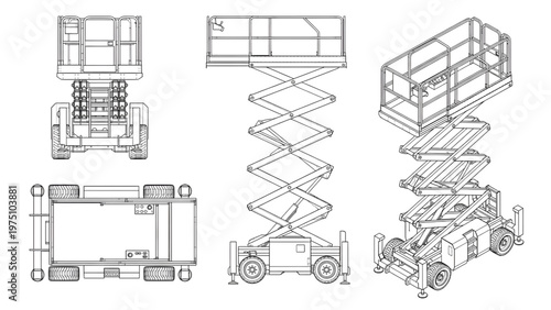 Scissor Lift Platform Technical Vector Set – CAD Outlines in Four Views