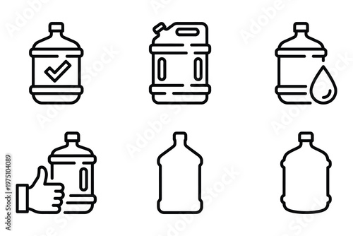 Water gallon jug and dispenser bottle icons set featuring delivery and quality symbols thumbs up dispenser container delivery hydration