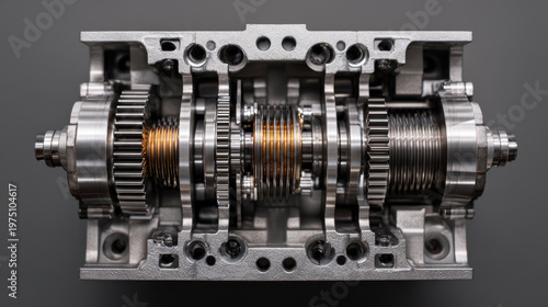 Detailed close up of complex mechanical gear system with metal cogs and springs precision engineered assembly showing intricate parts and shiny