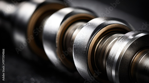 Macro photography of brightly lit automotive camshaft showing detailed metal texture and mechanical parts with dark background creating focused