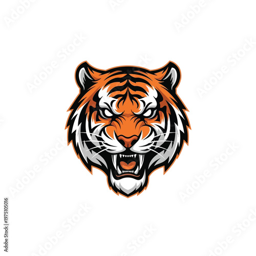A tiger's head with an aggressive expression on a transparent background