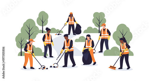 A group of dedicated community volunteers wearing bright orange safety vests work together to clean up litter in a public park with green trees and a pathway.