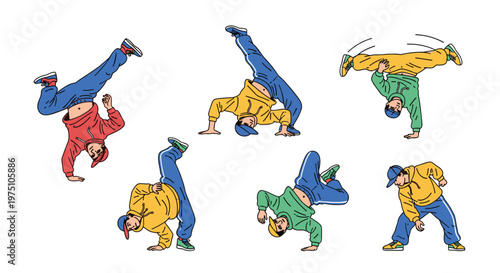 A series of skilled breakdancers execute complex acrobatic maneuvers like headspins and handstands while wearing bright yellow and red hoodies on a white background.
