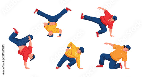 Five illustrated b-boys wearing vibrant red and yellow hooded sweatshirts perform high-energy breakdance freezes and athletic ground moves against a pristine white backdrop.