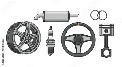 This vibrant collection of automotive components includes a grey alloy rim, an exhaust muffler, a steering wheel, and a piston on a clean white backdrop.