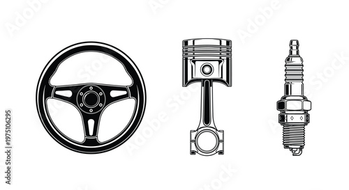 A meticulous black and white graphic illustration features a classic three-spoke steering wheel alongside a mechanical piston and a detailed spark plug.
