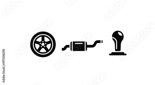 A minimalist collection of three black automotive icons featuring a detailed car wheel, an exhaust muffler, and a gear shift knob on a white background.