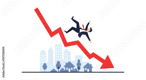 A stark economic visualization showing a professional figure tumbling down a jagged red declining line towards a cluster of blue urban buildings and small houses.