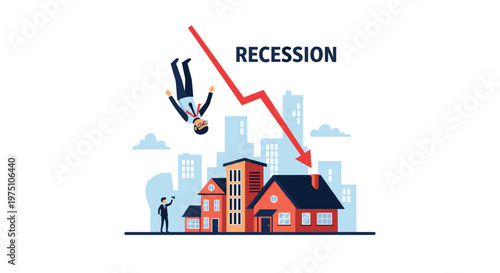 A dramatic financial illustration depicting a businessman falling through the air next to a sharp red downward trend arrow over a city skyline labeled recession.