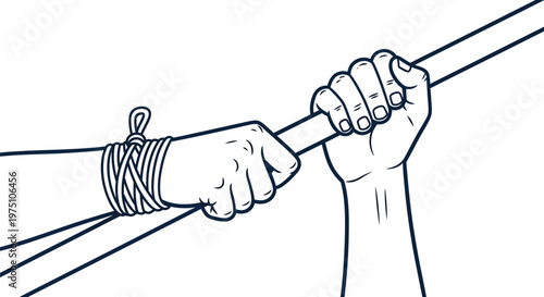 Hands gripping a sturdy wooden pole tightly represent the physical struggle and determination required to overcome difficult life.