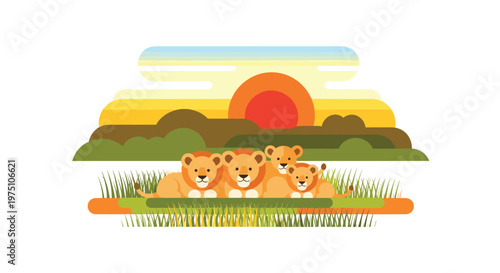 Four adorable lion cubs rest together in the tall savanna grass while a large orange sun sets behind layered hills in a beautiful flat design style.