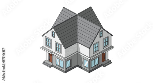 A detailed isometric architectural illustration of a large modern suburban house featuring a complex grey shingled cross roof and numerous blue glass windows.
