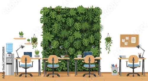 A modern sustainable office space features a lush green vertical garden wall behind several wooden desks equipped with laptops and ergonomic blue chairs today.