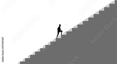 A solitary black silhouette of a person climbs a series of monumental grey concrete stairs leading towards an unknown height against a bright white sky.