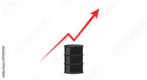 A sleek black metallic oil barrel is depicted beneath a bold red arrow surging upwards to indicate a dramatic rise in global petroleum market prices.