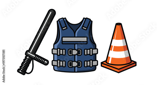 A detailed illustration showcasing a dark blue tactical body armor vest alongside a black security baton and a bright orange traffic safety pylon cone.