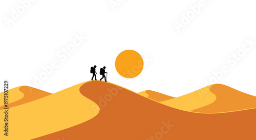 Two adventurous hikers with large backpacks and walking sticks traverse the rolling crests of vibrant orange sand dunes under a massive glowing desert sun.
