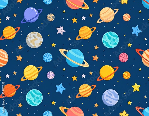A vibrant, seamless pattern featuring cartoon planets with rings, different colors, and shining stars scattered against a dark blue background