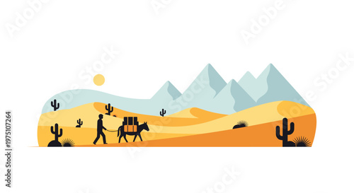 A serene desert landscape illustration features a silhouetted traveler leading a loaded donkey past tall cacti toward distant light blue mountain peaks and sun.