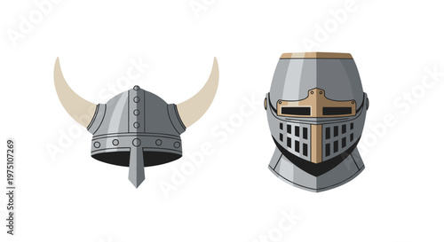 A meticulously detailed flat illustration featuring a silver horned Viking helmet alongside a classic medieval knight great helm with gold accents and vents.