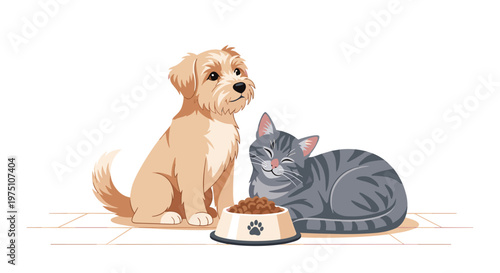 A charming light brown scruffy dog sits patiently beside a contentedly sleeping gray tabby cat next to a white ceramic bowl filled with crunchy kibble.