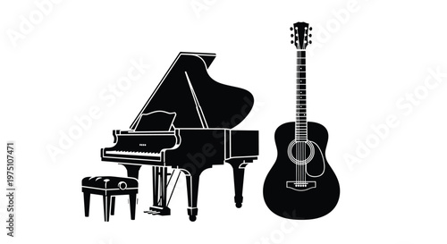 Elegant black silhouettes of a grand piano with its lid propped open and a classic acoustic guitar are displayed prominently on a clean white background.